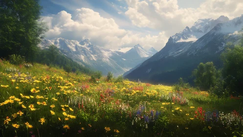 Sunlit alpine meadow with dense wildflowers and distant snow peaks