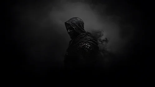 Hooded figure in chiaroscuro lighting emerges from dark void
