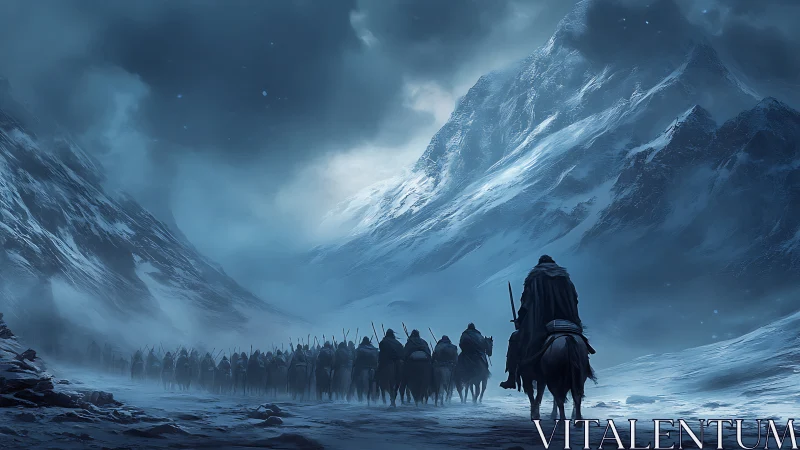 Mounted column crossing narrow snowy valley under clouds.