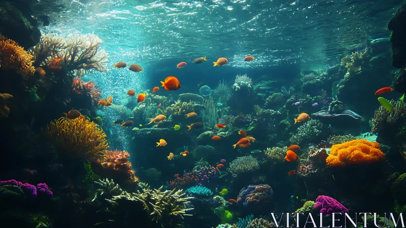 Luminescent coral reef ecosystem with schooling tropical fish.