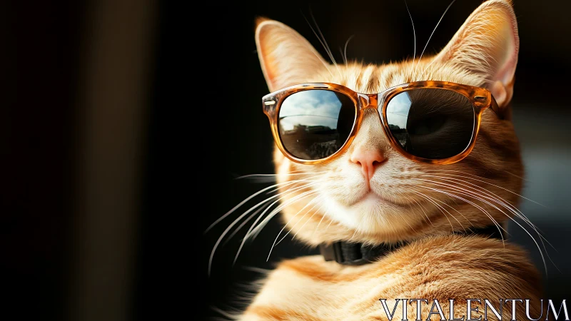 Orange cat wearing sunglasses with mirrored lenses. Cool attitude.
