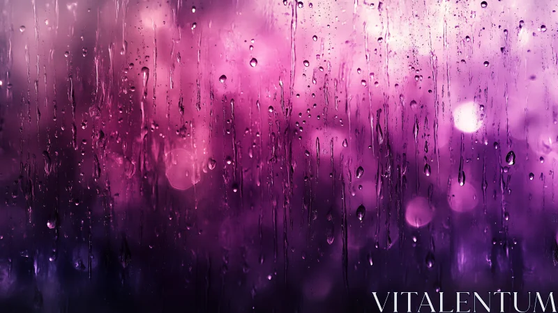 Violet rain whispers on glassy nightlit windowpane.