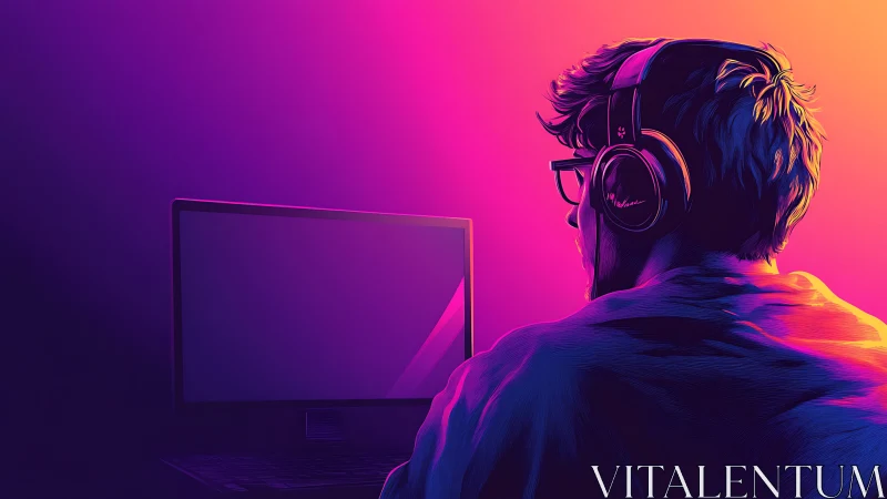 Neon gamer watches monitor under vivid gradient light.