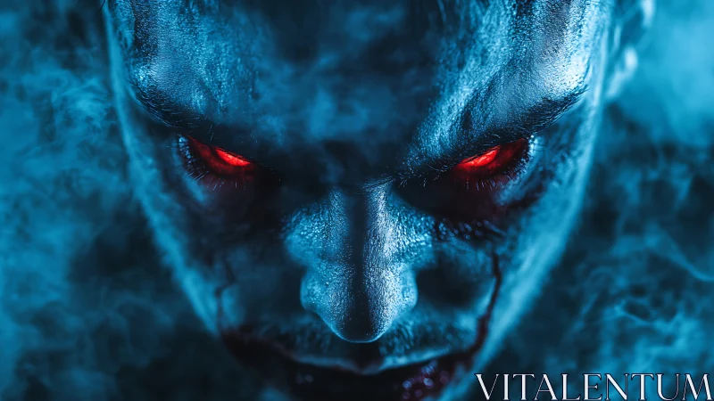 Demonic blue-tinted face with glowing red eyes stares downward