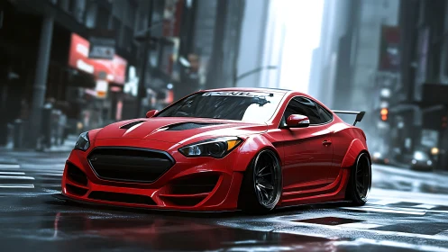 Red modified coupe is rendered on a wet urban street