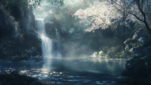Tranquil waterfall pool beneath soft blooming spring trees.