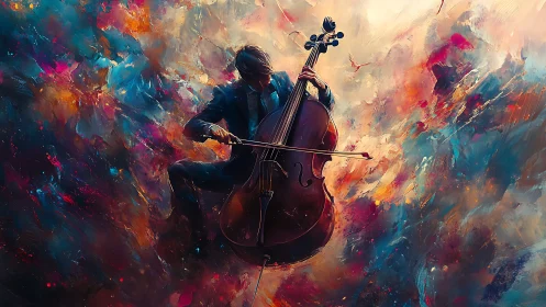 Cellist in mid-air performs among diffuse abstract colors