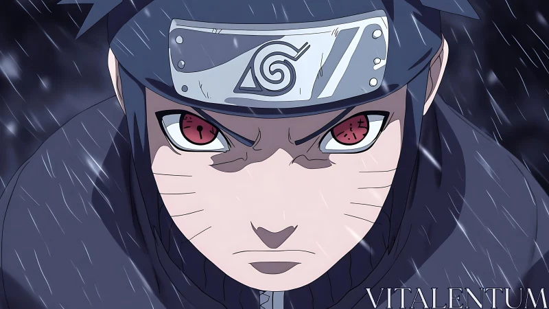 Intense anime ninja close-up under driving rainstorm.