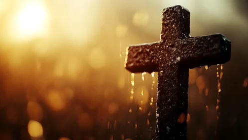 Photorealistic wet stone cross in backlit golden bokeh field.