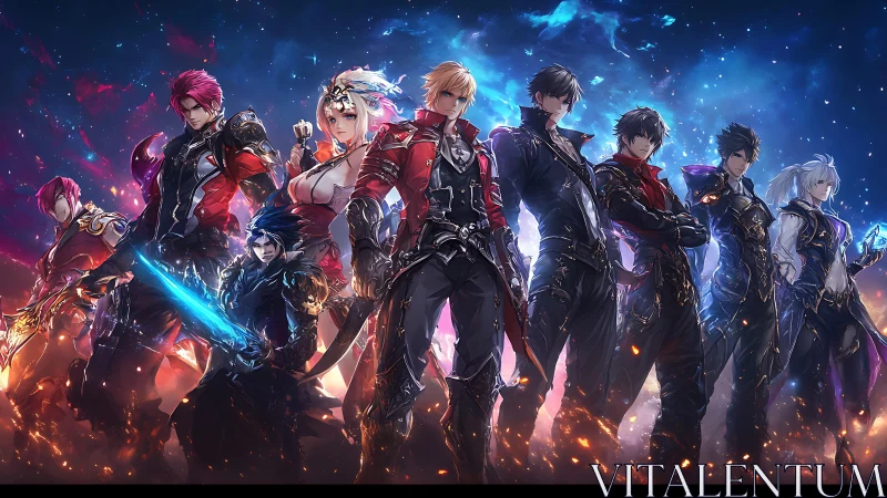 Heroic fantasy squad line-up under glowing starfield.