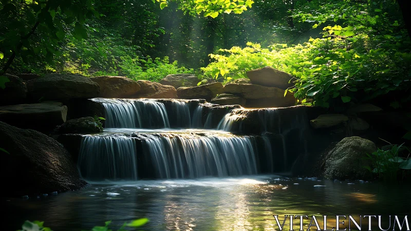Tranquil Forest Waterfall with Sunlight in Lush Greenery.