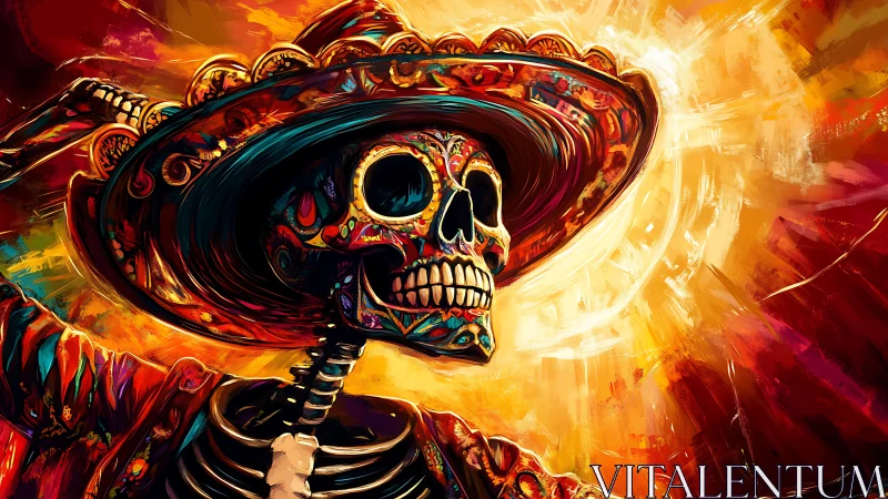 Colorful skeletal figure in ornate sombrero under bright light.