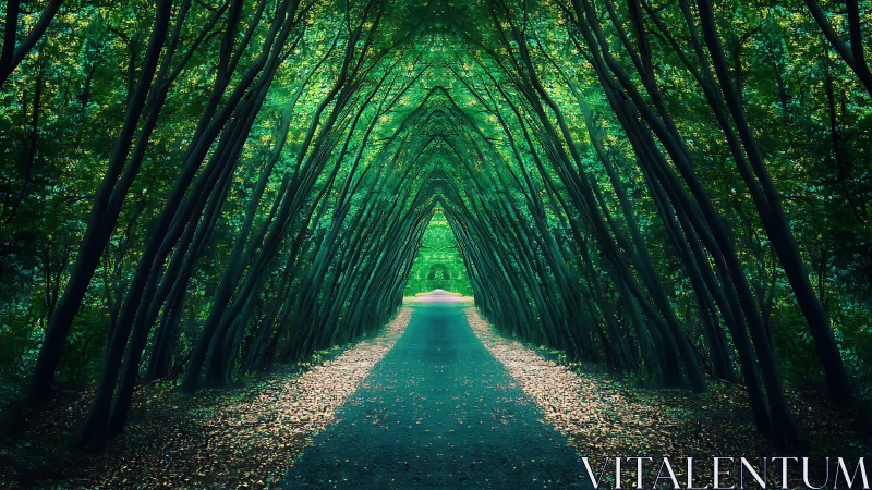 Converging tree tunnel stretches toward luminous distant horizon