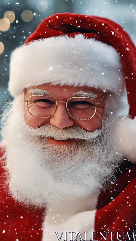 Smiling Santa Claus portrait in falling snow is centered