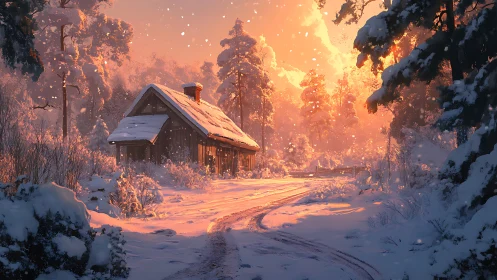 Snowy forest cabin under warm orange winter sunset light.