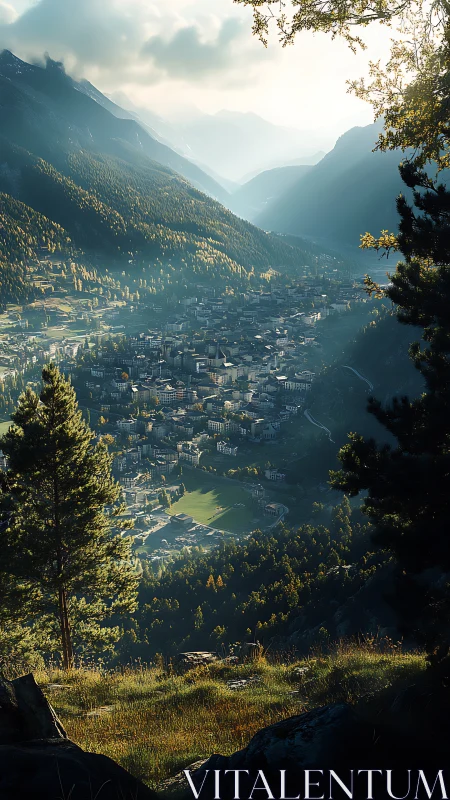 Mountain valley town under soft morning light from above.