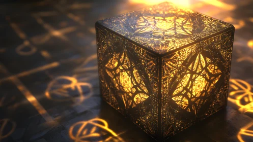 Glowing ornamental cube lamp casting intricate light patterns.