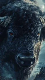 Close frontal digital rendering of dark bison head in smoke.