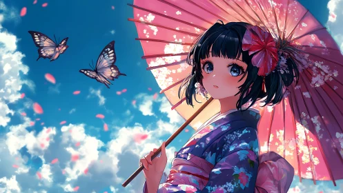 Kimono girl under sakura parasol beneath drifting petals.