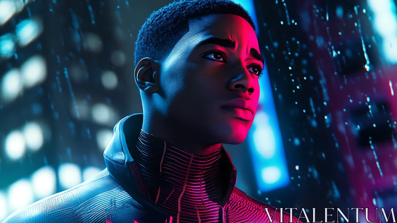 Neon lit cyberpunk portrait of focused young man in rain