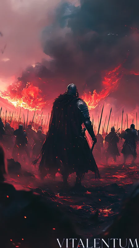 Armored warlord commands legion before burning horizon.