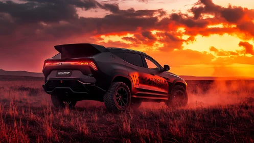 Off-road performance SUV powers through sunset dust field