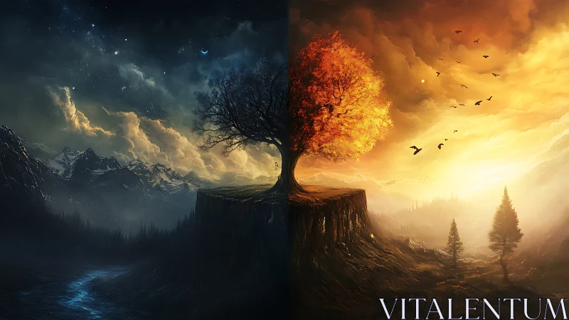 Solitary cliffside tree divides night sky and burning dawn.