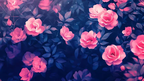 Pink roses bloom against deep blue foliage in digital illustration.