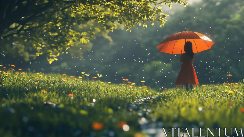 Girl holding red umbrella stands in bright green meadow