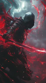 Crimson Wraith Swordsman Wrapped In Stormborn Emberlight.
