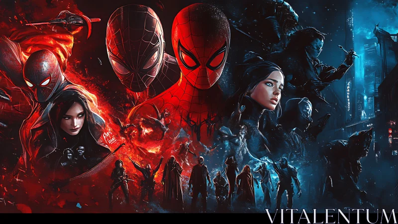 Spider hero multiverse split into fiery red and icy blue worlds.