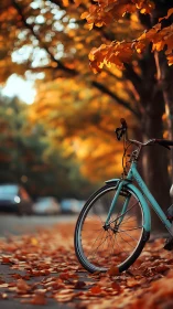 Turquoise Bicycle in Golden Autumn Foliage.
