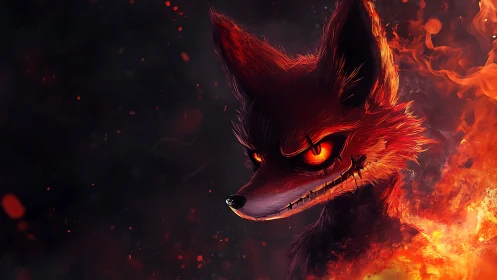Infernal fox portrait in dynamic fiery digital painting style.