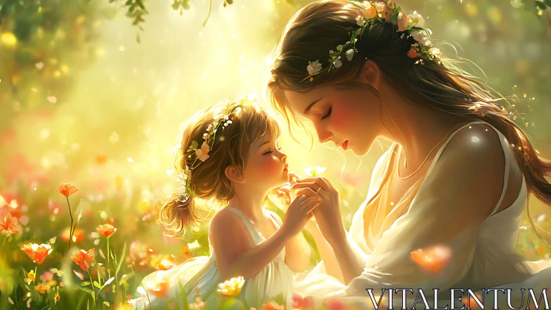 Mother and Child in Golden Meadow with Flower Crowns.