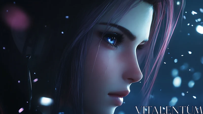 Gazing hero in soft blue light with snowlit determination.