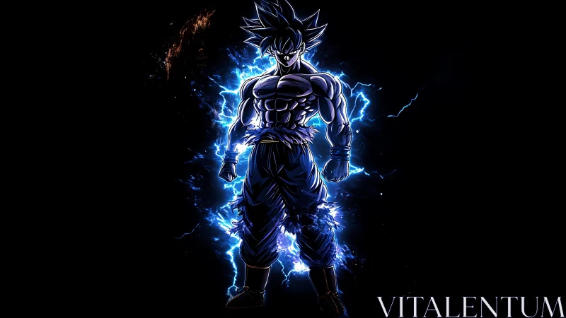 Muscular anime warrior stands charged with blue lightning energy