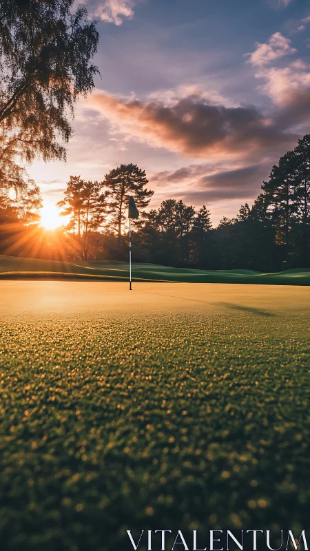 Golden hour calm on a peaceful golf course green at sunset.
