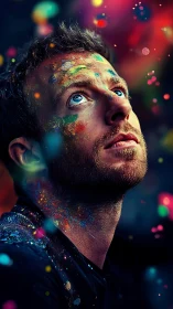 Man with colorful paint on face looking upward in dark scene.