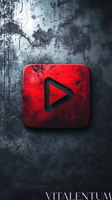 Red grunge play icon rendered on distressed metal surface