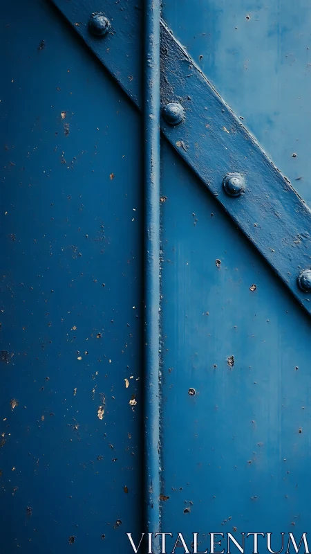 Weathered blue metal panel with bold industrial texture.