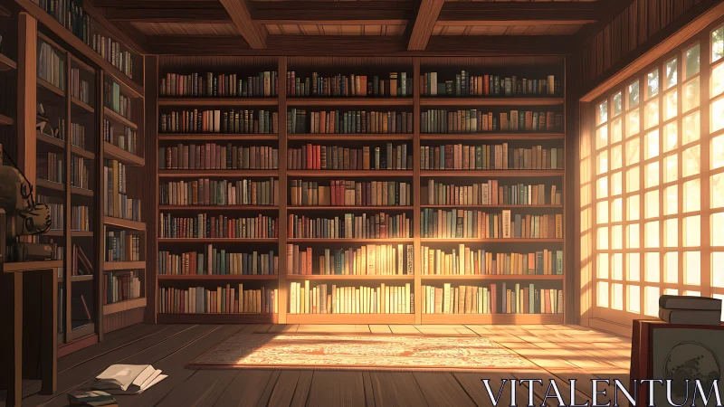 Quiet wooden library bathed in warm afternoon light.