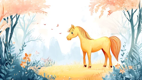 Gentle golden pony pauses in a dreamy pastel forest glade
