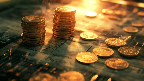 Stacked gold coins glow over defocused financial market charts