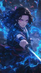 Sword-wielding fighter channels blue ethereal energy with intense focus