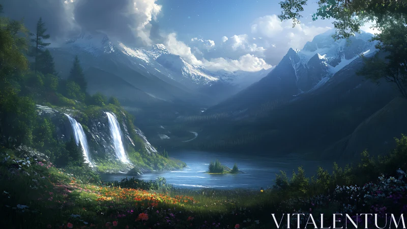 Waterfalls whisper across a starlit alpine dream valley