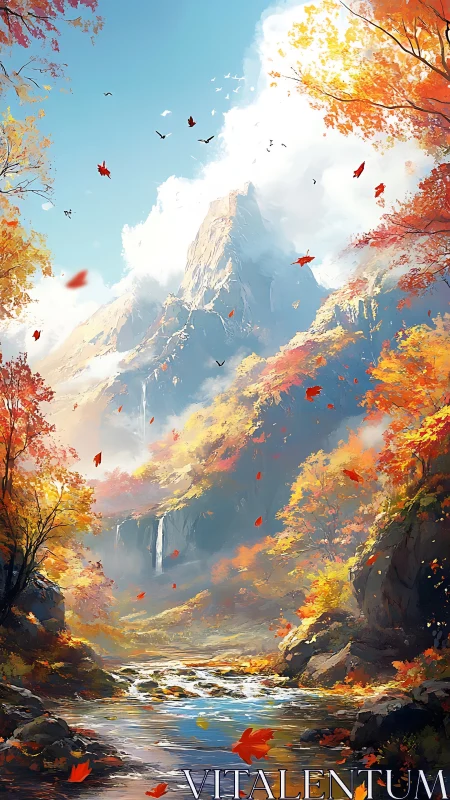 Autumn mountain valley glows under cascading light and mist