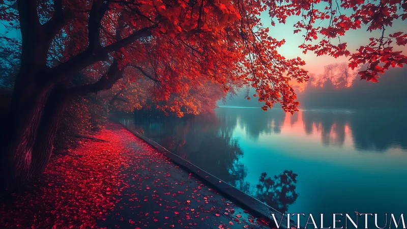 Riverside path beneath red foliage at misty twilight.