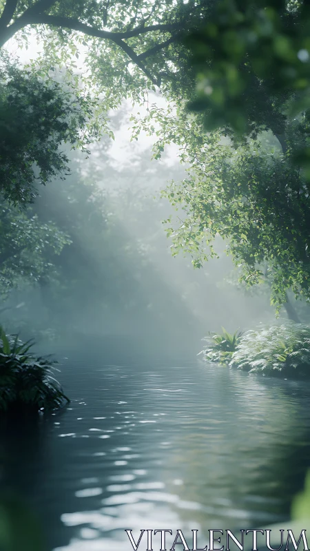 Misty forest stream beneath arching branches.
