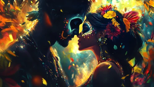 Luminescent Couple Kissing Among Vibrant Flower Bursts.