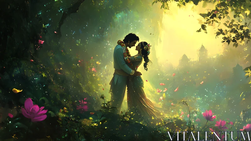 Enchanted Garden Romance Under Golden Luminescence.